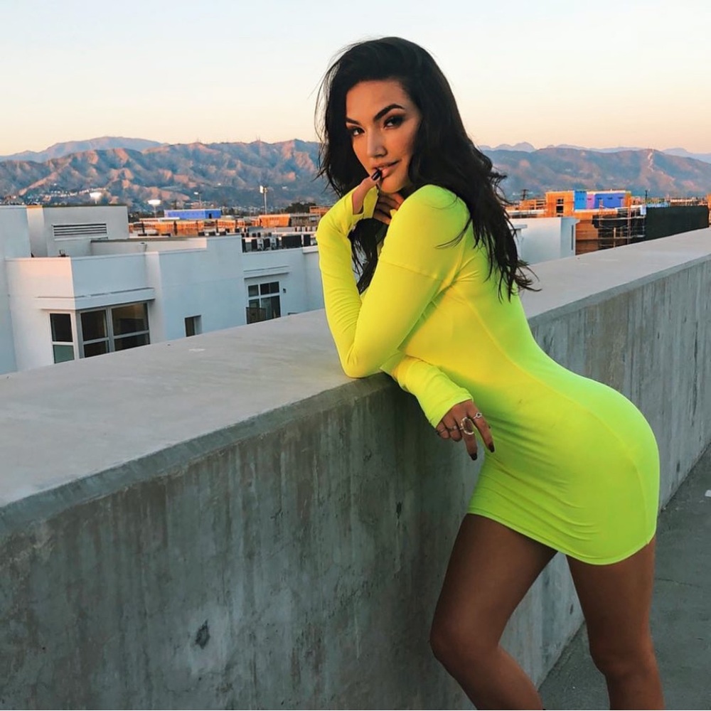 Parisian Neon Green Zipper Belted Long Sleeve Bodycon Mini Dress